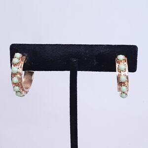 Vintage Hoop Huggie Earrings Gold Tone Metal Green Tiny Prong Set Stones